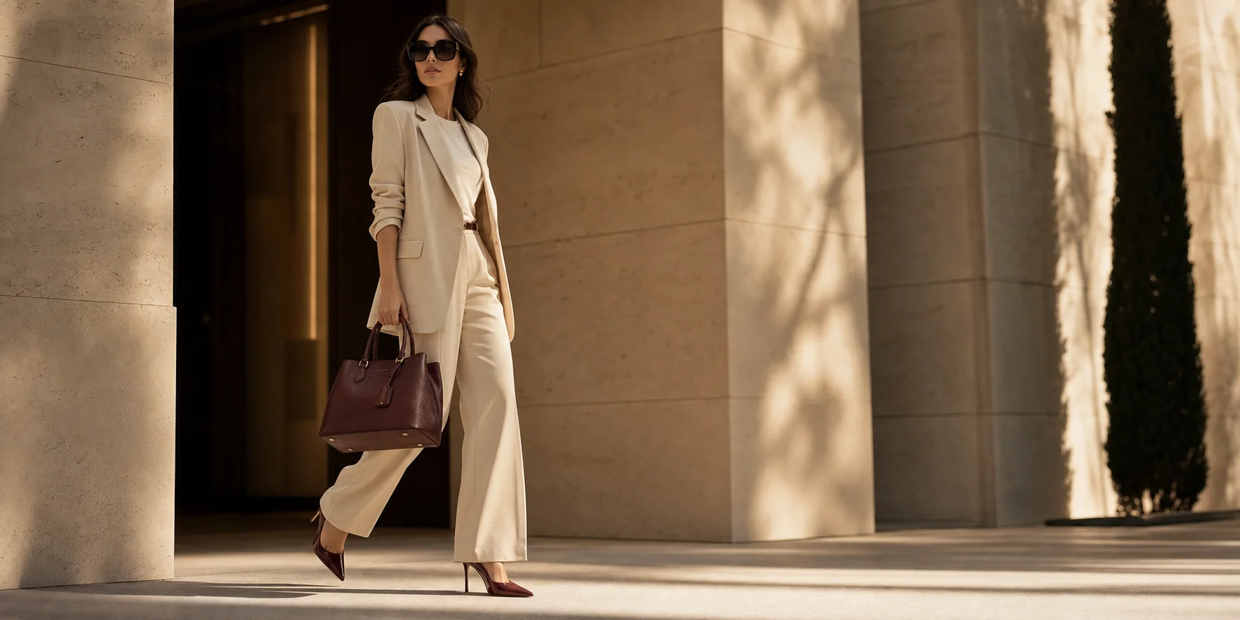 Modelo con traje claro, lentes de diseñador, bolso de piel y tacones en arquitectura cálida