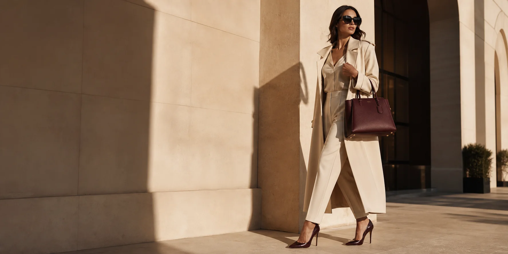 Modelo de moda con bolso borgoña, lentes oversized y zapatos de tacón en fondo arquitectónico